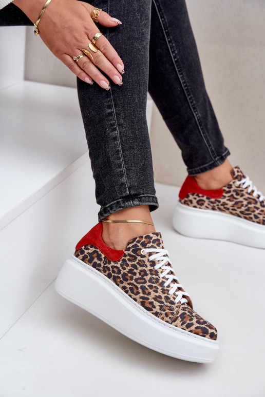 Oda Sneakers modelio batai su platforma su leopardo kailio raštais Zazoo 3346 rudos-raudonos spalvos